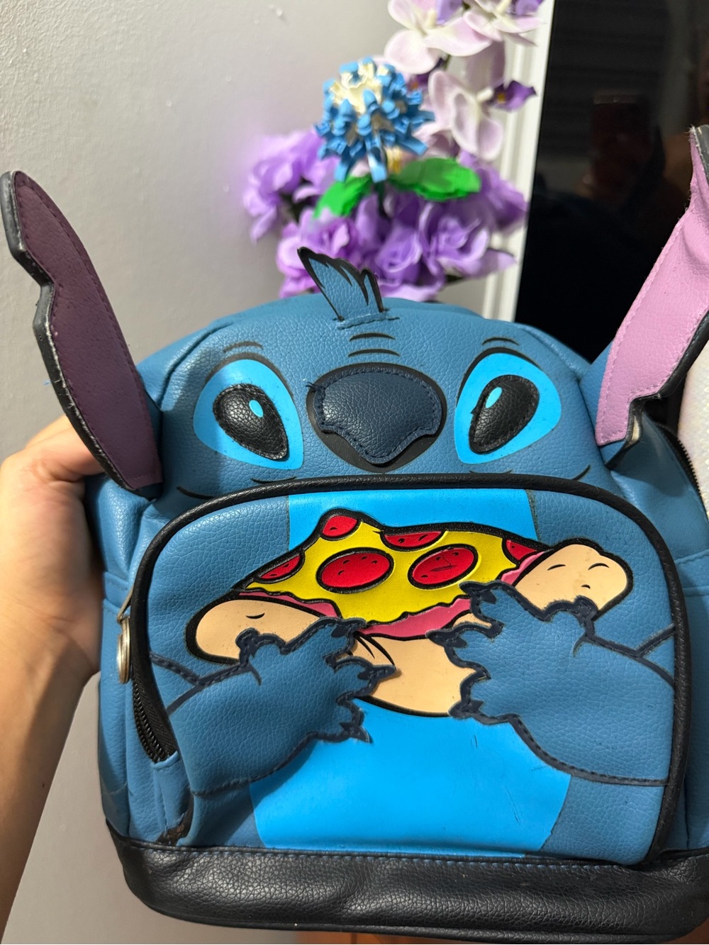 Disney Blue & Purple Stitch Kids Backpack with Pizza Graphic